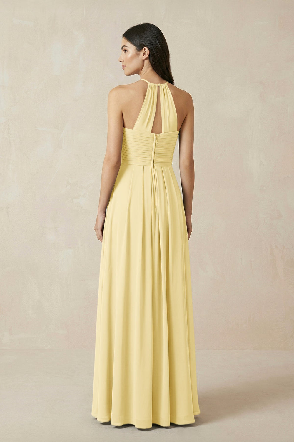 A-Line Halter Neck Pleated Chiffon Bridesmaid Dress in Pastel Yellow - KissProm BRIDESMAID DRESSES
