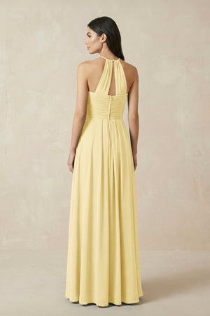 A-Line Halter Neck Pleated Chiffon Bridesmaid Dress in Pastel Yellow - KissProm BRIDESMAID DRESSES