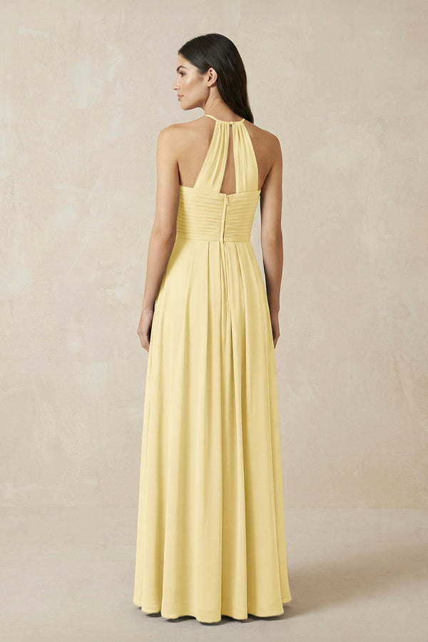 A-Line Halter Neck Pleated Chiffon Bridesmaid Dress in Pastel Yellow - KissProm BRIDESMAID DRESSES