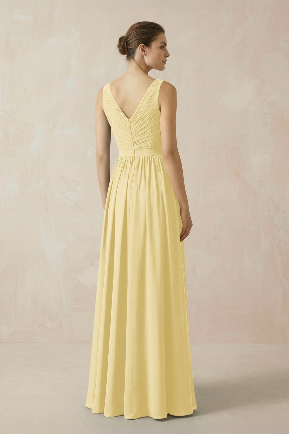 A-Line V-Neck Pleated Chiffon Bridesmaid Dress in Pastel Yellow - KissProm BRIDESMAID DRESSES