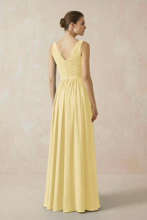 A-Line V-Neck Pleated Chiffon Bridesmaid Dress in Pastel Yellow - KissProm BRIDESMAID DRESSES