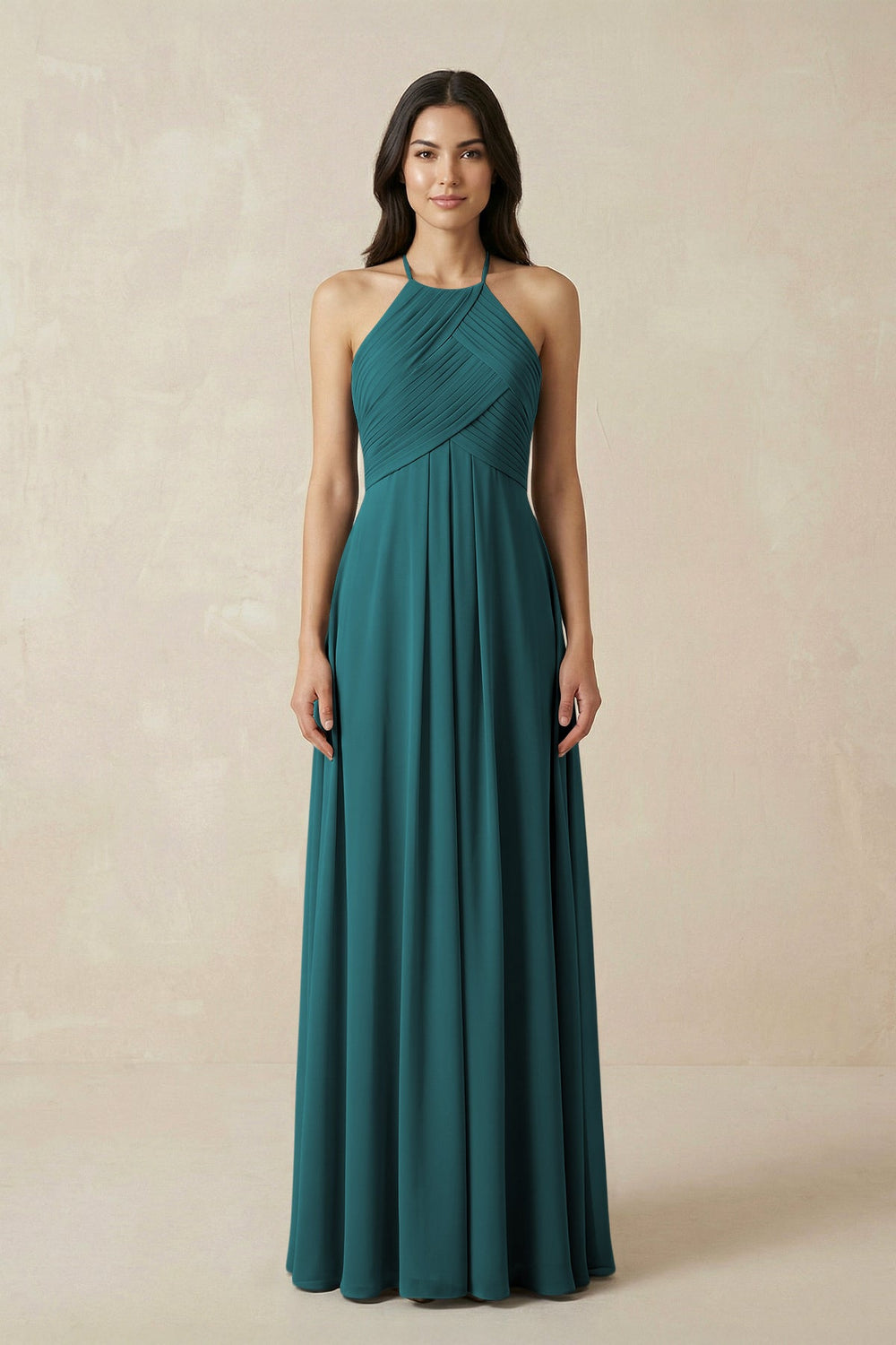 A-Line Halter Neck Pleated Chiffon Bridesmaid Dress in Pine - KissProm BRIDESMAID DRESSES