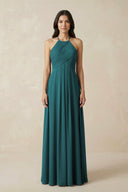 A-Line Halter Neck Pleated Chiffon Bridesmaid Dress in Pine - KissProm BRIDESMAID DRESSES