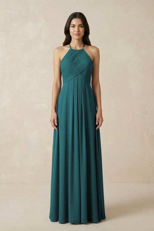 A-Line Halter Neck Pleated Chiffon Bridesmaid Dress in Pine - KissProm BRIDESMAID DRESSES