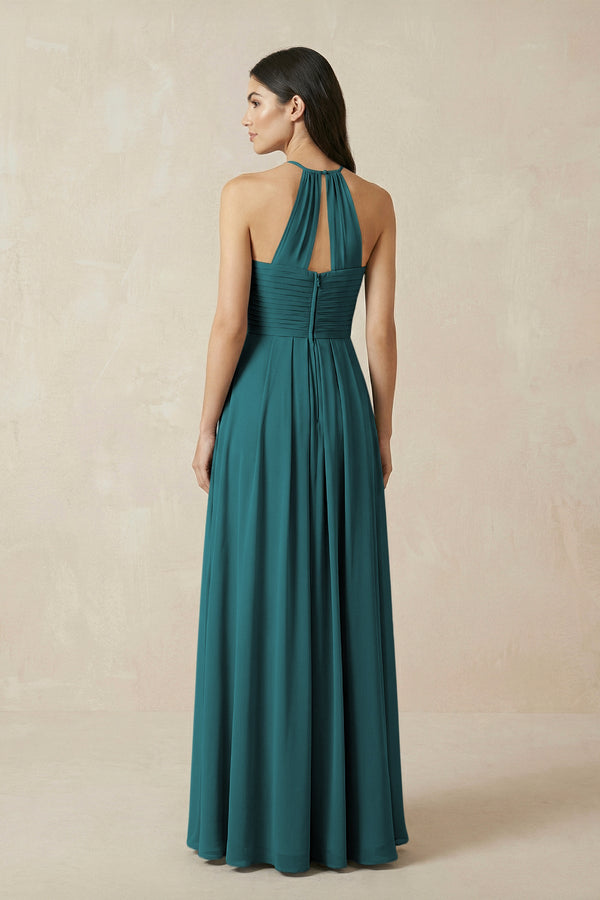 A-Line Halter Neck Pleated Chiffon Bridesmaid Dress in Pine - KissProm BRIDESMAID DRESSES