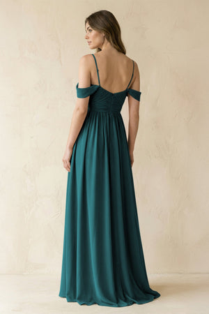 A-Line Off-the-Shoulder Pleated Chiffon Bridesmaid Dress in Pine - KissProm BRIDESMAID DRESSES