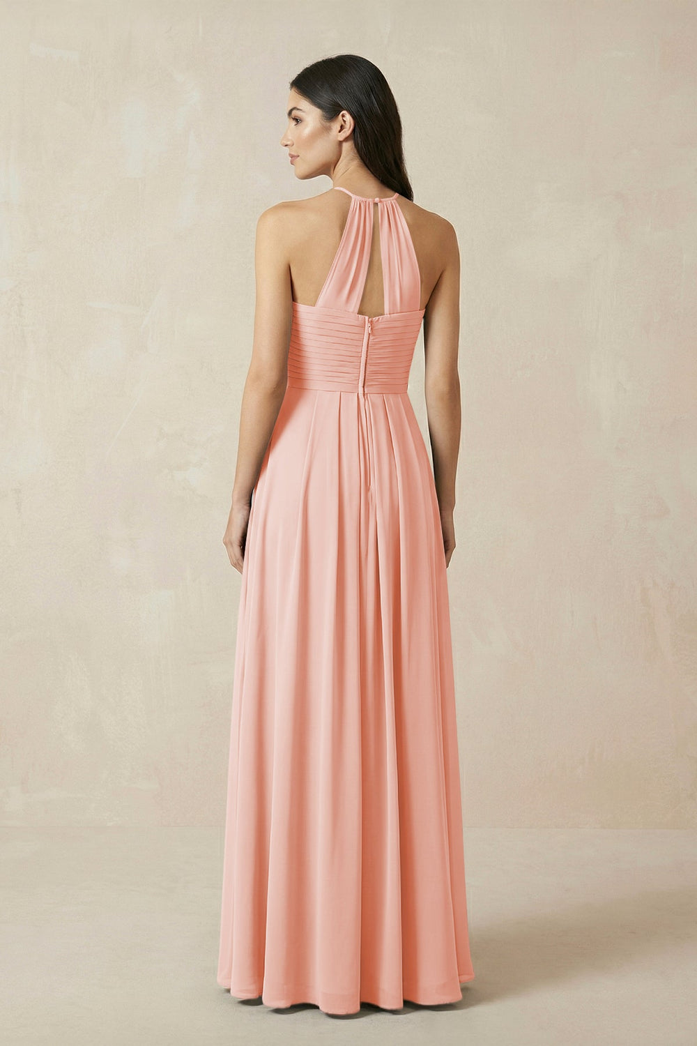A-Line Halter Neck Pleated Chiffon Bridesmaid Dress in Rose Petal - KissProm BRIDESMAID DRESSES