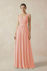 A-Line V-Neck Pleated Chiffon Bridesmaid Dress in Rose Petal - KissProm BRIDESMAID DRESSES