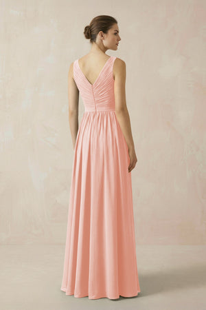 A-Line V-Neck Pleated Chiffon Bridesmaid Dress in Rose Petal - KissProm BRIDESMAID DRESSES