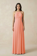 A-Line Halter Neck Pleated Chiffon Bridesmaid Dress in Rosette - KissProm BRIDESMAID DRESSES