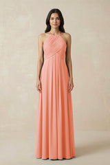 A-Line Halter Neck Pleated Chiffon Bridesmaid Dress in Rosette - KissProm BRIDESMAID DRESSES