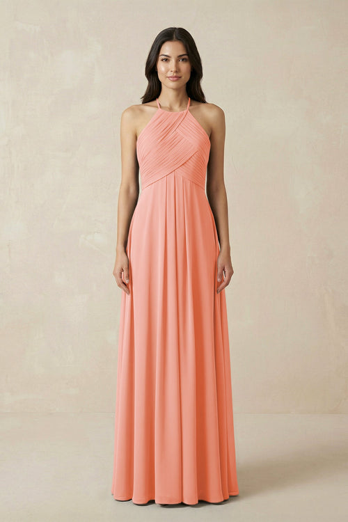 A-Line Halter Neck Pleated Chiffon Bridesmaid Dress in Rosette