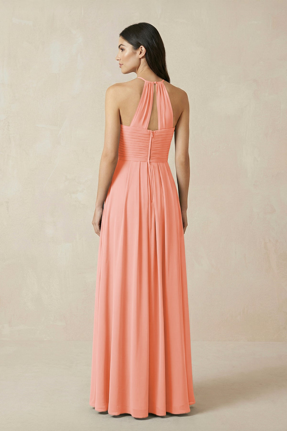 A-Line Halter Neck Pleated Chiffon Bridesmaid Dress in Rosette - KissProm BRIDESMAID DRESSES