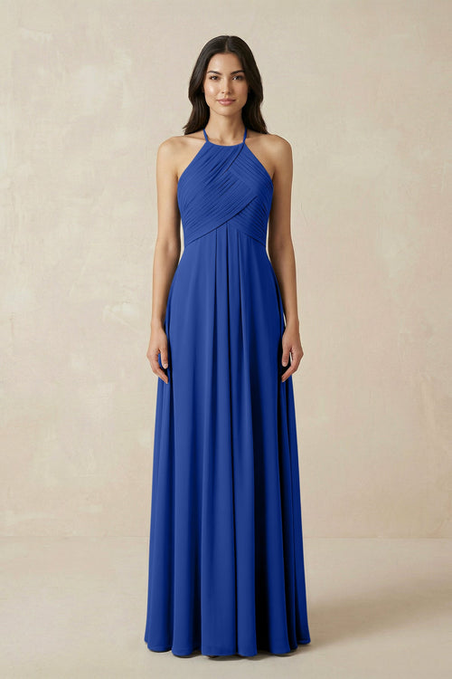 A-Line Halter Neck Pleated Chiffon Bridesmaid Dress in Royal Blue A-Line Halter Neck Pleated Chiffon Bridesmaid Dress in Royal Blue