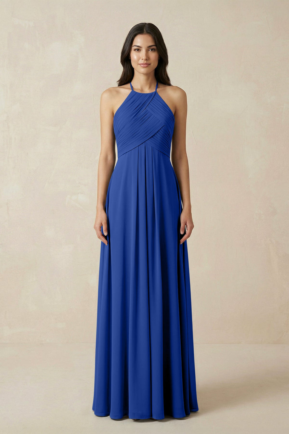 A-Line Halter Neck Pleated Chiffon Bridesmaid Dress in Royal Blue - KissProm BRIDESMAID DRESSES
