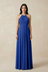 A-Line Halter Neck Pleated Chiffon Bridesmaid Dress in Royal Blue - KissProm BRIDESMAID DRESSES