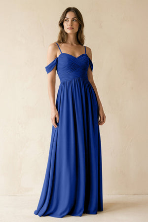 A-Line Off-the-Shoulder Pleated Chiffon Bridesmaid Dress in Royal Blue - KissProm BRIDESMAID DRESSES