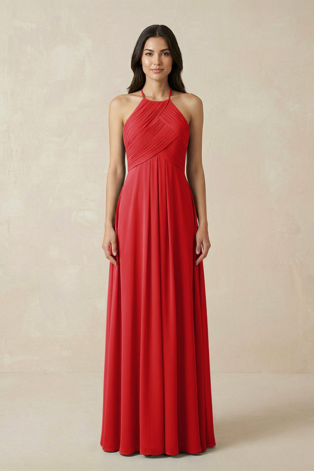 A-Line Halter Neck Pleated Chiffon Bridesmaid Dress in Ruby Red - KissProm BRIDESMAID DRESSES