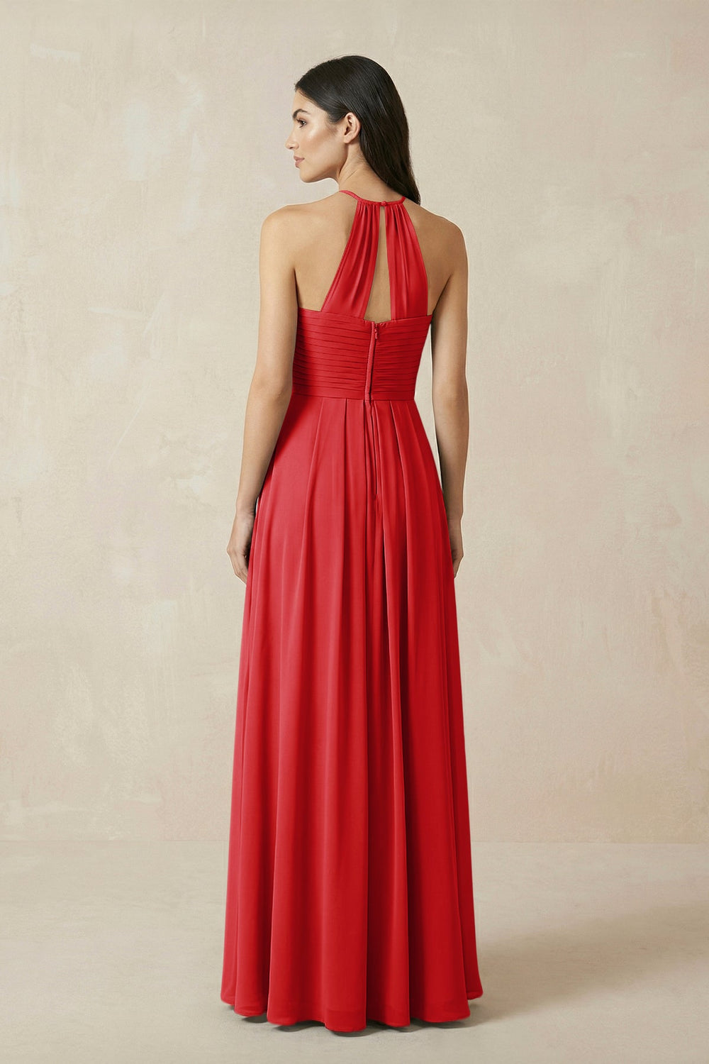 A-Line Halter Neck Pleated Chiffon Bridesmaid Dress in Ruby Red - KissProm BRIDESMAID DRESSES