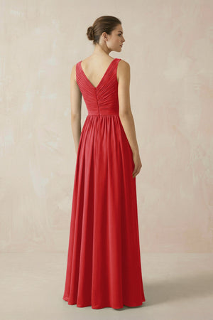 A-Line V-Neck Pleated Chiffon Bridesmaid Dress in Ruby Red - KissProm BRIDESMAID DRESSES