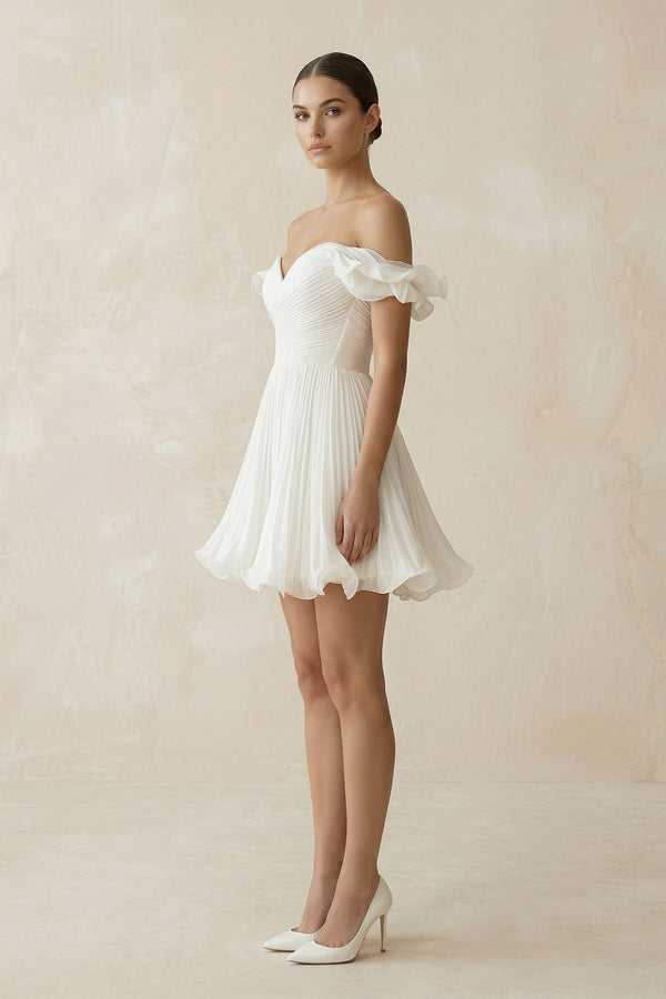 Pleated Ruffled Off - the - Shoulder A - Line Mini Wedding Dress in White - KissProm Wedding Dresses