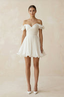 Pleated Ruffled Off - the - Shoulder A - Line Mini Wedding Dress in White - KissProm Wedding Dresses