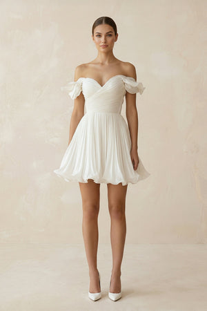 Pleated Ruffled Off - the - Shoulder A - Line Mini Wedding Dress in White - KissProm Wedding Dresses