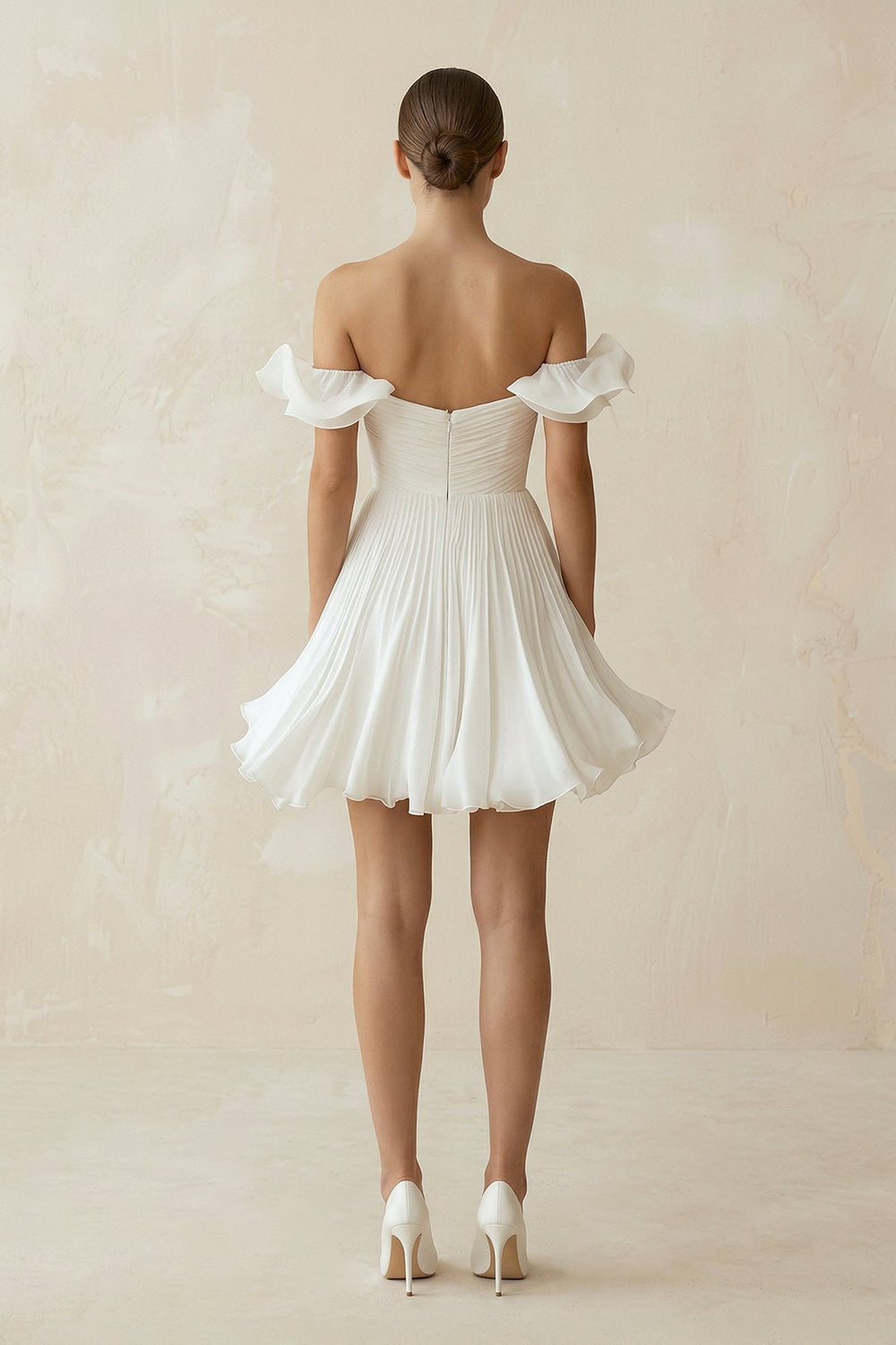 Pleated Ruffled Off - the - Shoulder A - Line Mini Wedding Dress in White - KissProm Wedding Dresses