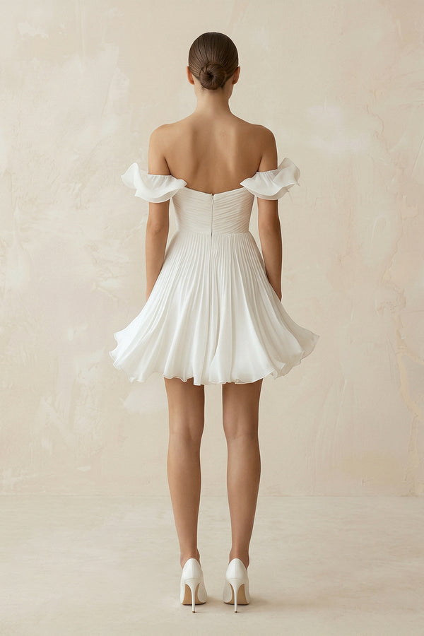 Pleated Ruffled Off - the - Shoulder A - Line Mini Wedding Dress in White - KissProm Wedding Dresses