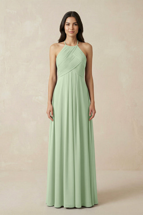 KissProm | Halter Neck Pleated Chiffon Bridesmaid Dress for Gala in Sage KissProm | Halter Neck Pleated Chiffon Bridesmaid Dress for Gala in Sage