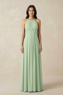 A-Line Halter Neck Pleated Chiffon Bridesmaid Dress in Sage - KissProm BRIDESMAID DRESSES