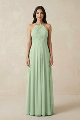 A-Line Halter Neck Pleated Chiffon Bridesmaid Dress in Sage - KissProm BRIDESMAID DRESSES