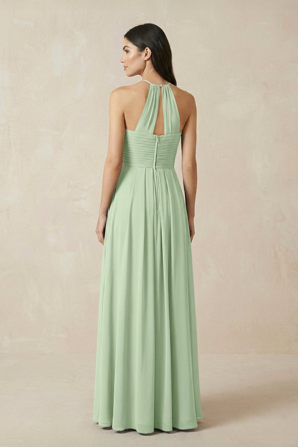 A-Line Halter Neck Pleated Chiffon Bridesmaid Dress in Sage - KissProm BRIDESMAID DRESSES