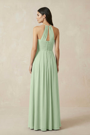 A-Line Halter Neck Pleated Chiffon Bridesmaid Dress in Sage - KissProm BRIDESMAID DRESSES