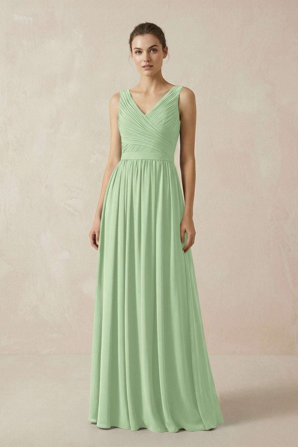 A-Line V-Neck Pleated Chiffon Bridesmaid Dress in Sage - KissProm BRIDESMAID DRESSES