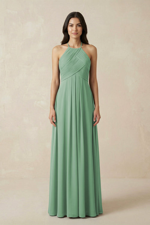 A-Line Halter Neck Pleated Chiffon Bridesmaid Dress in Sea Glass - KissProm BRIDESMAID DRESSES