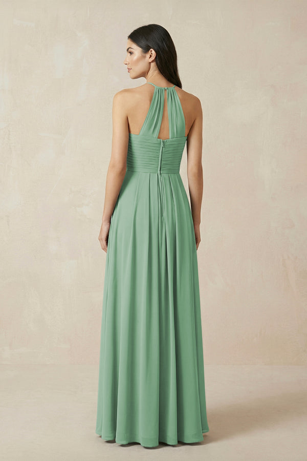 A-Line Halter Neck Pleated Chiffon Bridesmaid Dress in Sea Glass - KissProm BRIDESMAID DRESSES