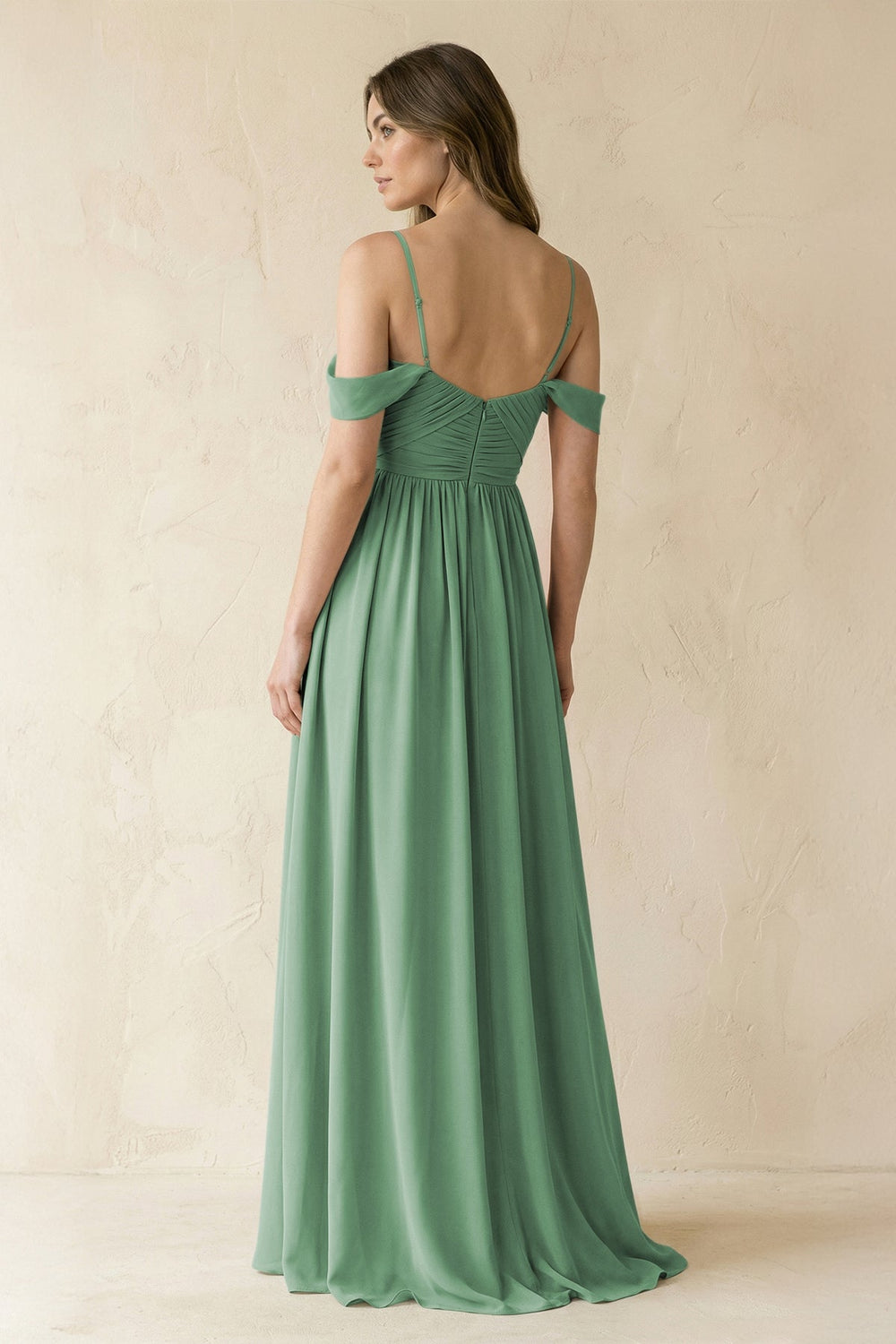 A-Line Off-the-Shoulder Pleated Chiffon Bridesmaid Dress in Sea Glass - KissProm BRIDESMAID DRESSES