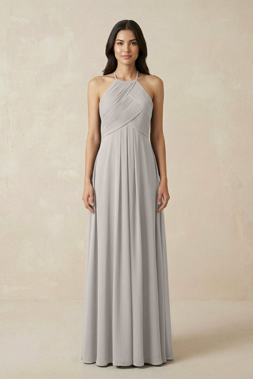 KissProm | Halter Neck Pleated Chiffon Bridesmaid Dress for Gala in Silver KissProm | Halter Neck Pleated Chiffon Bridesmaid Dress for Gala in Silver
