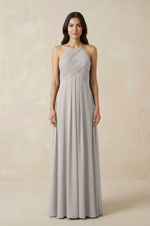 A-Line Halter Neck Pleated Chiffon Bridesmaid Dress in Silver - KissProm BRIDESMAID DRESSES