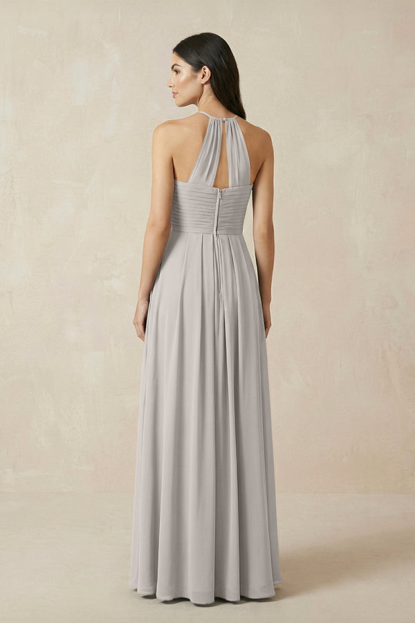 A-Line Halter Neck Pleated Chiffon Bridesmaid Dress in Silver