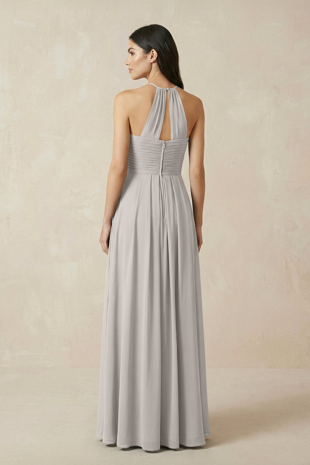 A-Line Halter Neck Pleated Chiffon Bridesmaid Dress in Silver - KissProm BRIDESMAID DRESSES