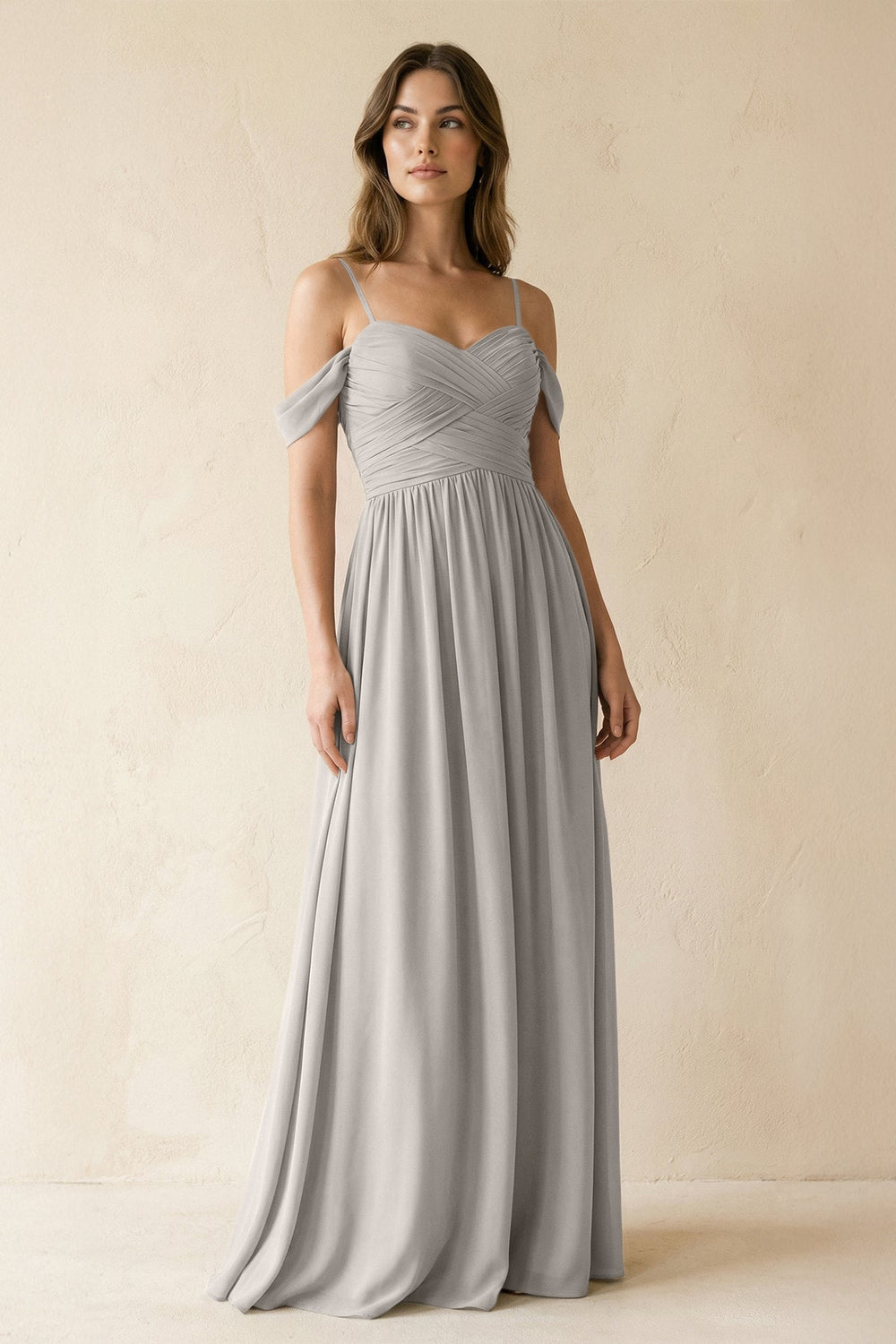 A-Line Off-the-Shoulder Pleated Chiffon Bridesmaid Dress in Silver - KissProm BRIDESMAID DRESSES
