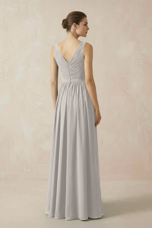 A-Line V-Neck Pleated Chiffon Bridesmaid Dress in Silver - KissProm BRIDESMAID DRESSES