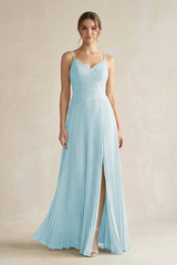 Pleated A-Line Long Chiffon Bridesmaid Dress in Sky Blue