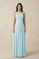 A-Line Halter Neck Pleated Chiffon Bridesmaid Dress in Sky Blue - KissProm BRIDESMAID DRESSES