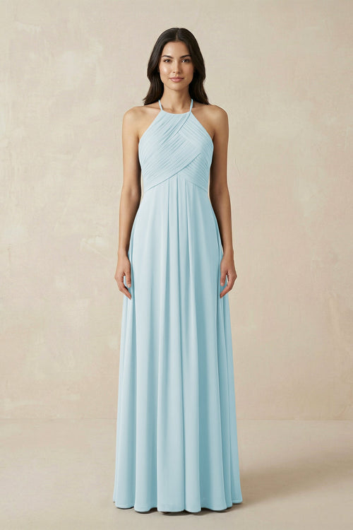 A-Line Halter Neck Pleated Chiffon Bridesmaid Dress in Sky Blue - KissProm BRIDESMAID DRESSES