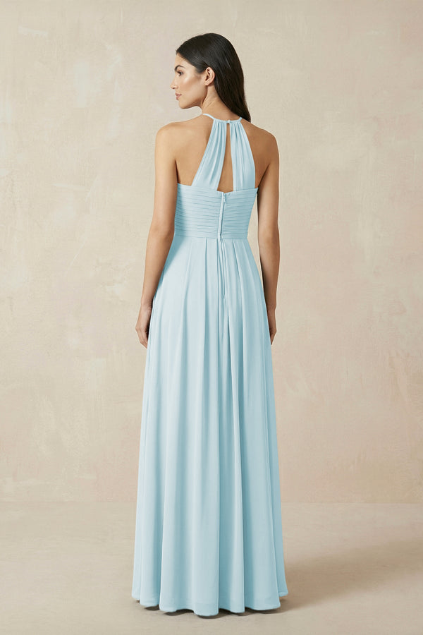 A-Line Halter Neck Pleated Chiffon Bridesmaid Dress in Sky Blue - KissProm BRIDESMAID DRESSES