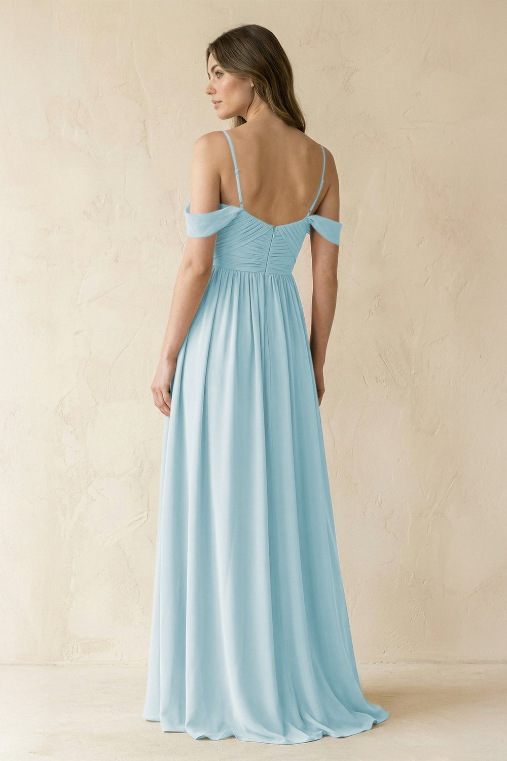 A-Line Off-the-Shoulder Pleated Chiffon Bridesmaid Dress in Sky Blue - KissProm BRIDESMAID DRESSES