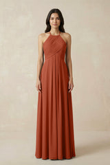 A-Line Halter Neck Pleated Chiffon Bridesmaid Dress in Spice - KissProm BRIDESMAID DRESSES